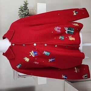 Karen Scott Sport 100% Wool Embroidered Holiday Presents Button Front Cardigan